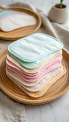 Stack of Colorful Reusable Baby Wipes on Wooden Plate
