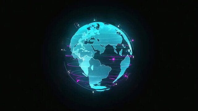 Opening neon wireframe globe rotating in void background, with magenta and white streams and nodes