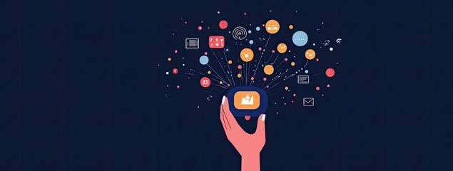A hand holds a central device, surrounded by radiating icons representing diverse online communication and information