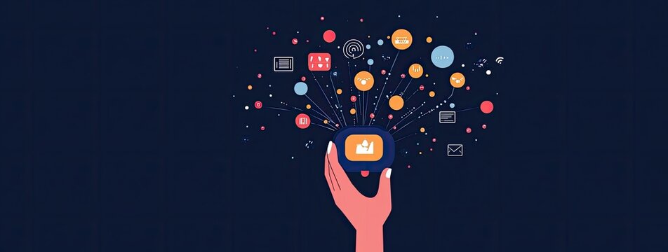 A hand holds a central device, surrounded by radiating icons representing diverse online communication and information
