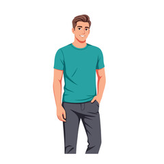 Fototapeta premium A smiling man in a teal t-shirt and grey pants stands with his hand in his pocket.
