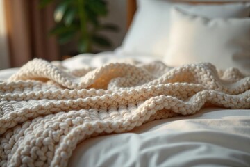 Cozy Knitted Blanket Draped on Bed Peaceful Bedroom Scene for Restful Sleep