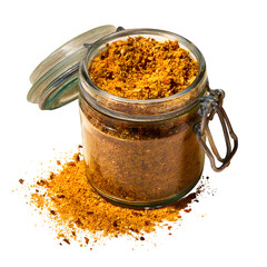Chaat masala blend in a glass jar, lid off, high-resolution, clean background