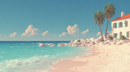 Front view of a luxurious beachfront villa on a tropical island, surrounded by palm trees and calm ocean waves - ideal for holiday getaways --chaos 100 