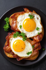 delicious crispy bacon and fried eggs on toasted bread, top view