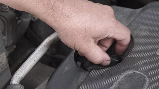 Close-up shot of a man's hand pouring motor oil into an old car engine. The scene shows a real-life vehicle with dust and wear, emphasizing a practical, everyday maintenance routine. 