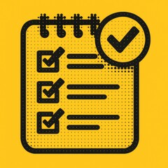 Yellow checklist notebook icon with bold checkmark illustrating task management