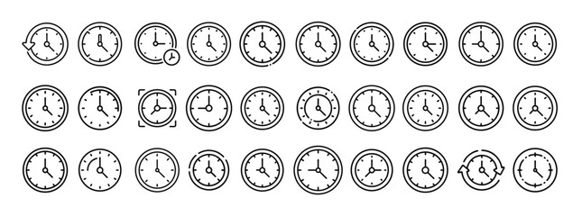 Clock Icon Set — Solid Collection of Wall Clock, Time, Watch, Alarm, Hour, Minute, Timer, and Chronograph Icons