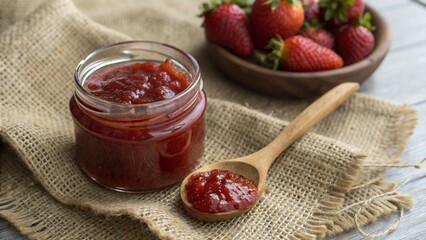 Strawberry Jam in Glass Jar and Wooden Spoon