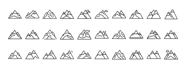 Mountain Icon Set — Solid Collection of Peaks, Hills, Nature, Landscape, Adventure, Hiking, Travel, and Snowy Mountains Icons