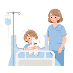 A young patient receives care in a hospital bed, comforted by a nurse.