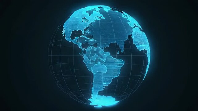 Opening sequence initiating rotation of blue wireframe globe in void, highlighting continents