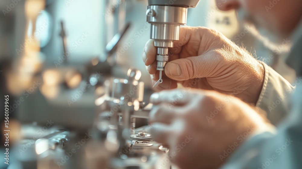 Poster precision machining process at a workshop with skilled technician creating intricate components