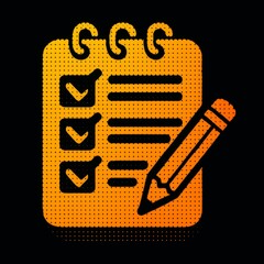 Black checklist notebook icon with orange pencil emphasizing task progress tracking
