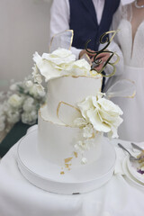 Beautiful wedding cake being cut by the bride and groom. Wedding celebration traditions.