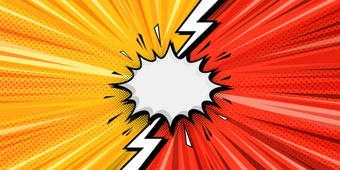 red and yellow comic versus pop with thunder lighting effect blank text speech background