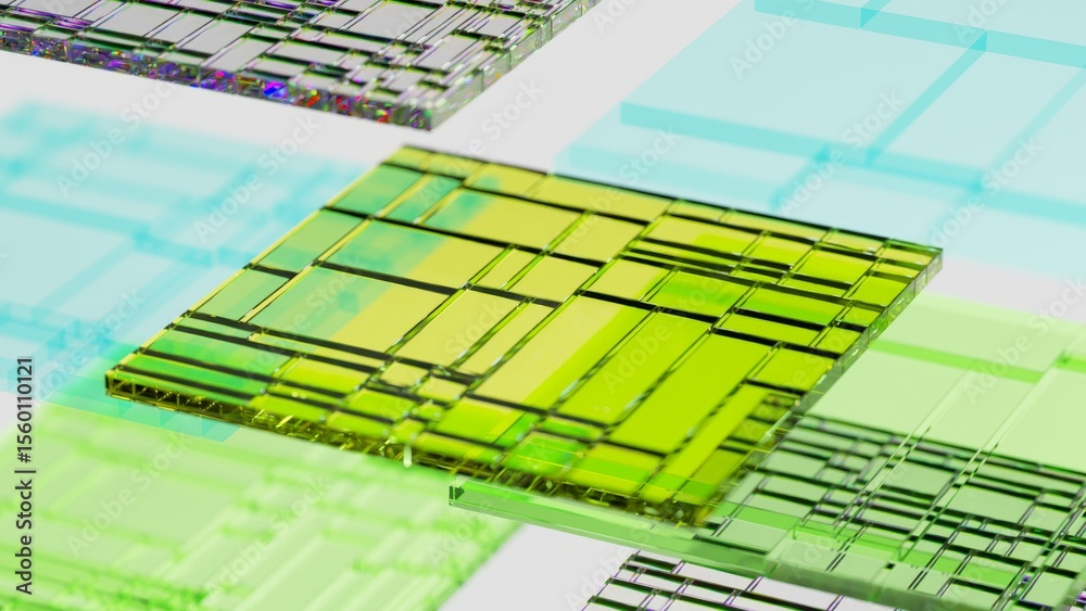 Poster quantum processor rotating slowly on a circuit board, showcasing advanced technology and complex arc
