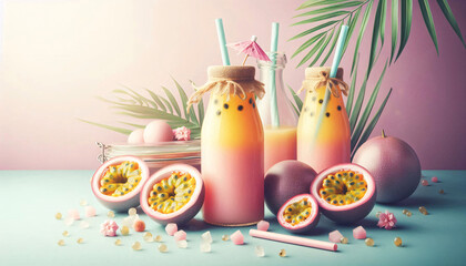 Pastellfarbene Fruchtsaftflasche mit Passionsfrucht, Strohhalm und Fruchtscheiben, copy space