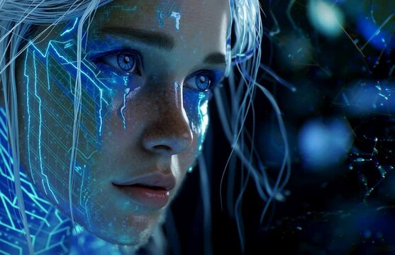 Technology Surreal Concept. Futuristic woman girl in bioluminescent holographic skin patterns of glowing soft cyan surrounded by floating geometric holograms and data streams. copy text space