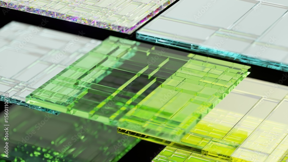 Poster green circuit board is rotating on multiple glass layers, creating an abstract technological backgro