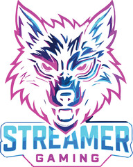 Aggressive Gamer Wolf Logo Vector – Neon Blue and Pink Streamer Emblem Representing Power, Energy, and Competitive Esports Identity