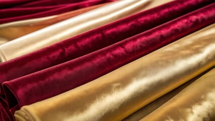 Luxurious red velvet and gold satin fabric rolls arranged in a textured diagonal pattern and soft lighting. - Powered by Adobe