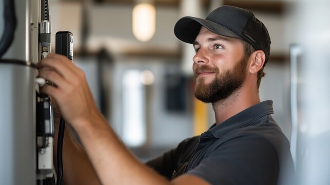 Technician installs equipment in modern facility while maintaining a positive demeanor and attentive focus during work - Powered by Adobe