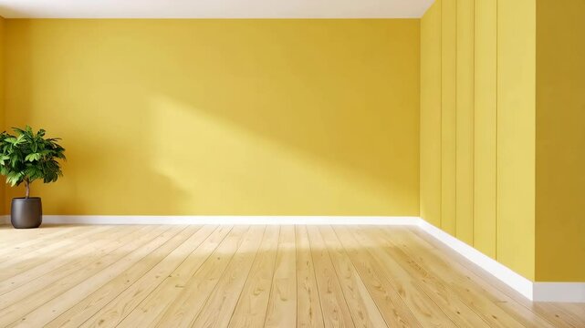 Bright yellow empty interior with a wooden floor and green houseplant in a dark pot ready for product placement.