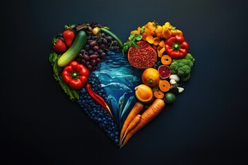 Colorful heart-shaped arrangement of fresh fruits and vegetables.  A vibrant display of various produce, forming a heart shape on a dark background. 