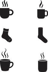 black coffee mug with steam rising silhouette and black sock