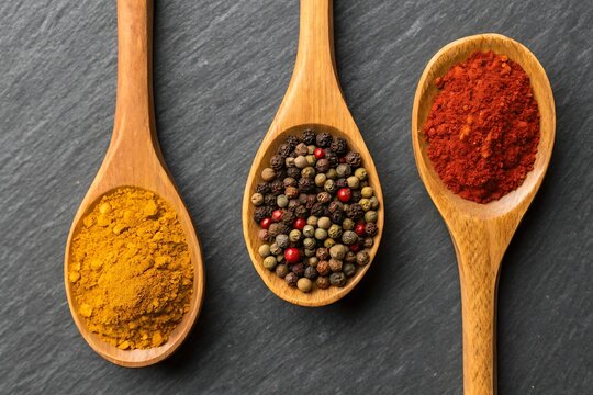 Three wooden spoons filled with colorful spices on a dark slate surface