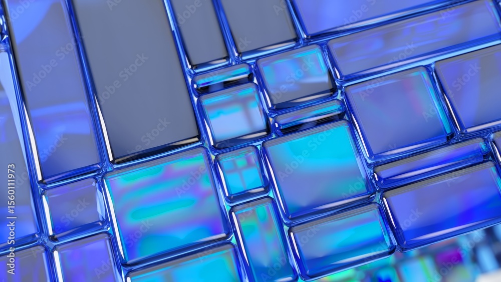 Poster blue glass tiles with smooth, rounded edges creating an abstract geometric pattern, rotating and ref