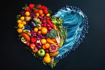 Colorful heart-shaped arrangement of fresh fruits and vegetables.  Ocean-blue wave border