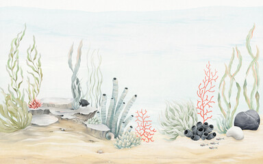 Watercolor seabed landscape with delicate seaweeds, plants, coral reef, sea sponges and small fishes. Panoramic hand drawn marine border for your design wallpaper, background, cards or mural. © Nikole