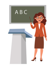 Teacher instructs students at the blackboard with the alphabet during a classroom session. Vector illustration in flat style.