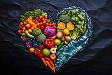 Colorful heart-shaped arrangement of fresh produce, with water-like design flowing from one half