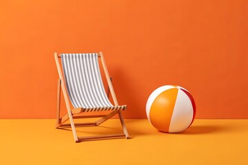 A striped beach chair and colorful beach ball on an orange background