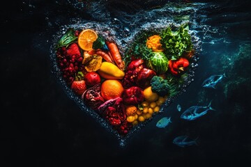 Heart-shaped array of colorful fruits and vegetables underwater