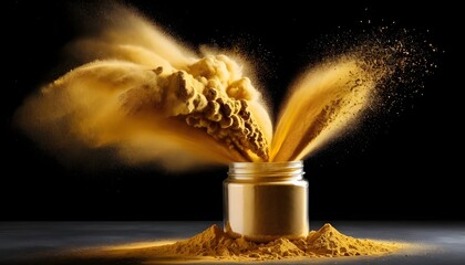 Golden Dust Eruption from Container on Black Background