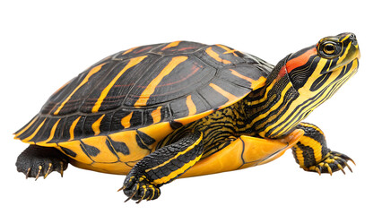 Red eared slider turtle with bright yellow stripes isolated on transparent background