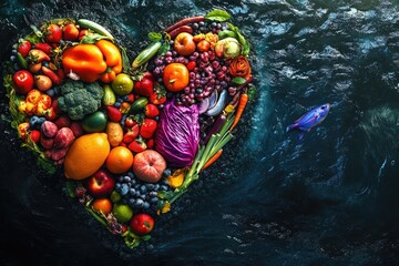 A vibrant heart-shaped island of fresh fruits and vegetables floats on a dark blue ocean.  A small, bright blue fish swims nearby