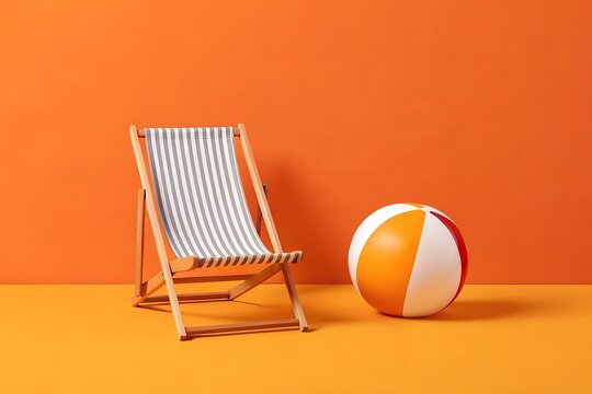 A striped beach chair and colorful beach ball on an orange background