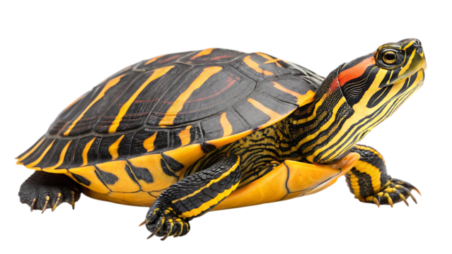 Red eared slider turtle with bright yellow stripes isolated on transparent background
