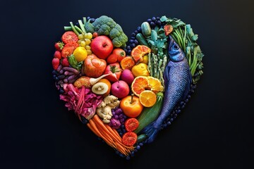 Colorful heart-shaped arrangement of fresh produce and fish