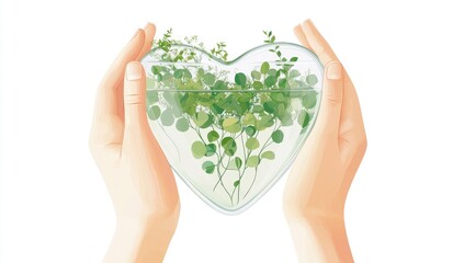 Heart-shaped glass container with greenery held gently in hands