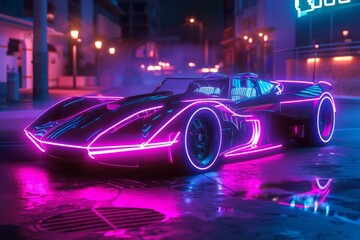 Futuristic sports car with neon lights parked on a wet city street at night, creating a vibrant, cyberpunk atmosphere