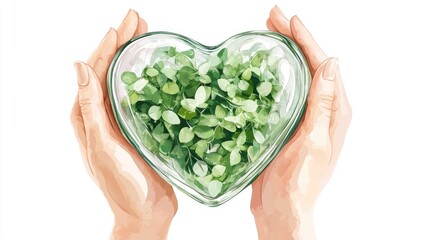 Hands holding a heart-shaped glass bowl filled with small green plants