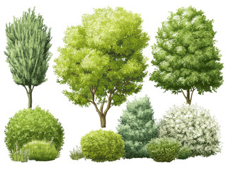 A collection of detailed tree and bush illustrations, showcasing a variety of forms and foliage