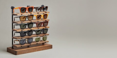 Wooden stan of sunglasses on a beige background. Sunglasses store.