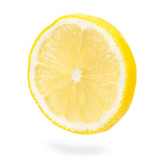 A single lemon slice floats against a white background, showcasing its juicy texture and fresh citrus appeal
